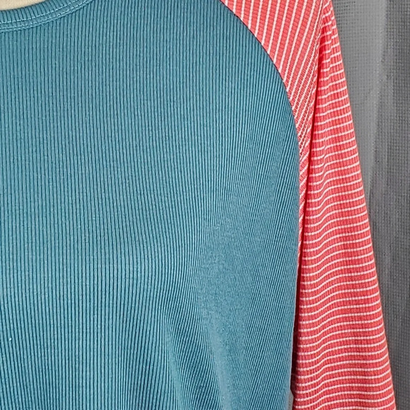 Lularoe Randy, NWT blueish green with red and white striped sleeves, size L - Picture 2 of 5